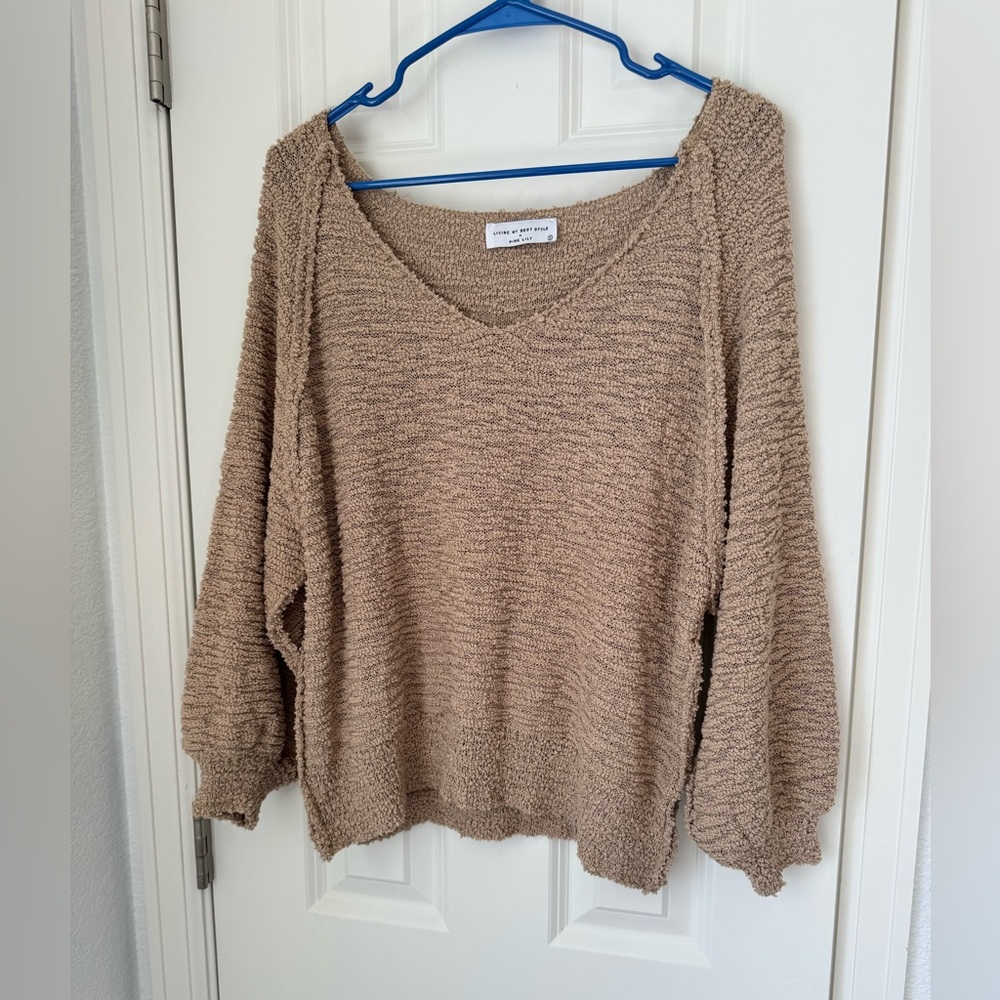 Pink Lily Tan V-Neck Sweater